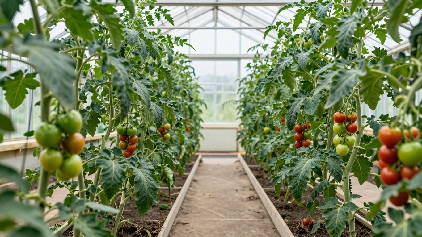 Fresh greenhouse tomatoes and plants