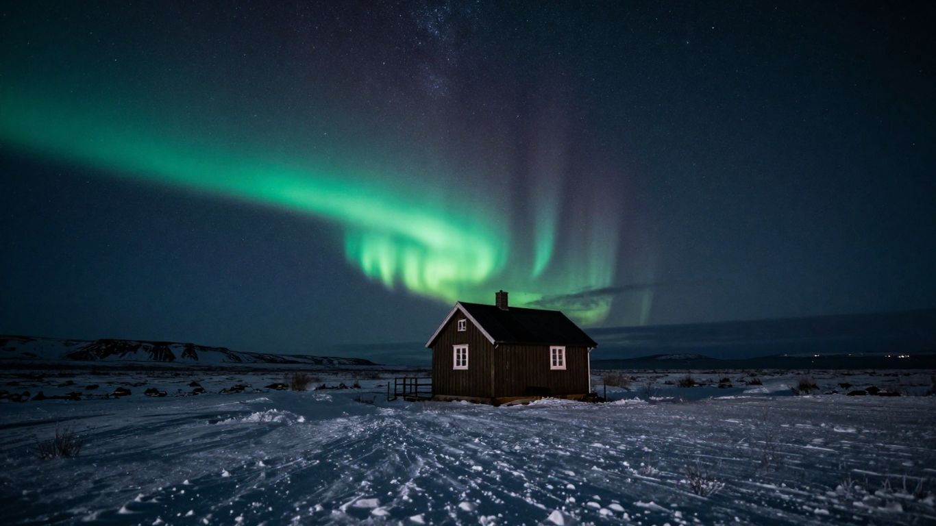 A remote landscape beneath the swirling night sky