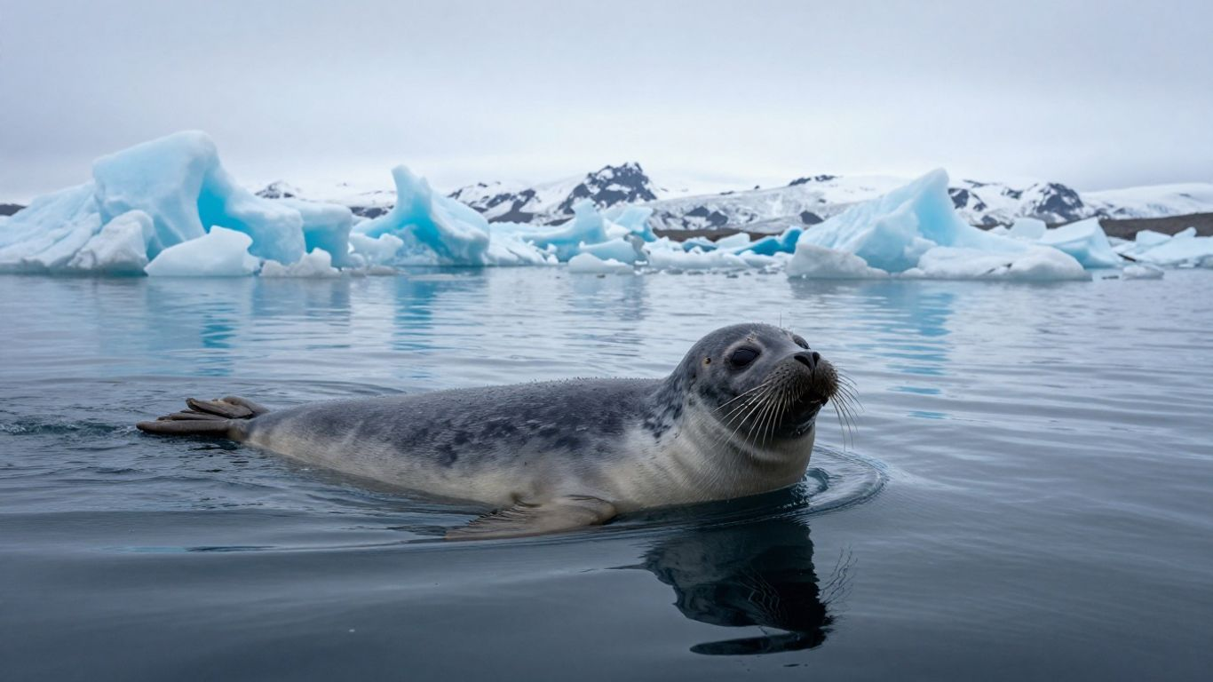 A seal resting on an iceberg near the shore