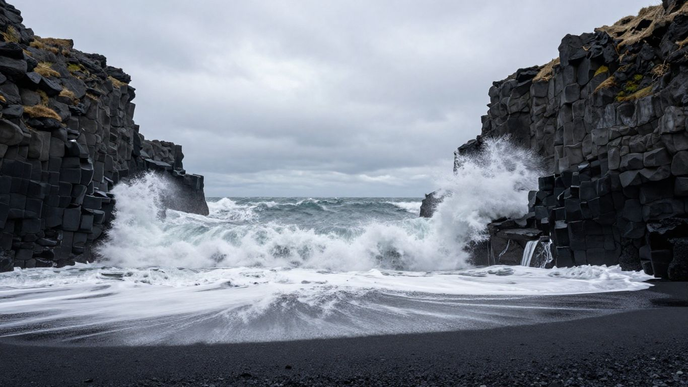 Waves crashing against black basalt sand