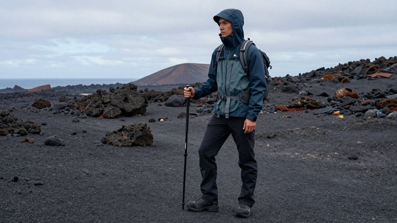 Hiker equipped for Icelandic coastal winds