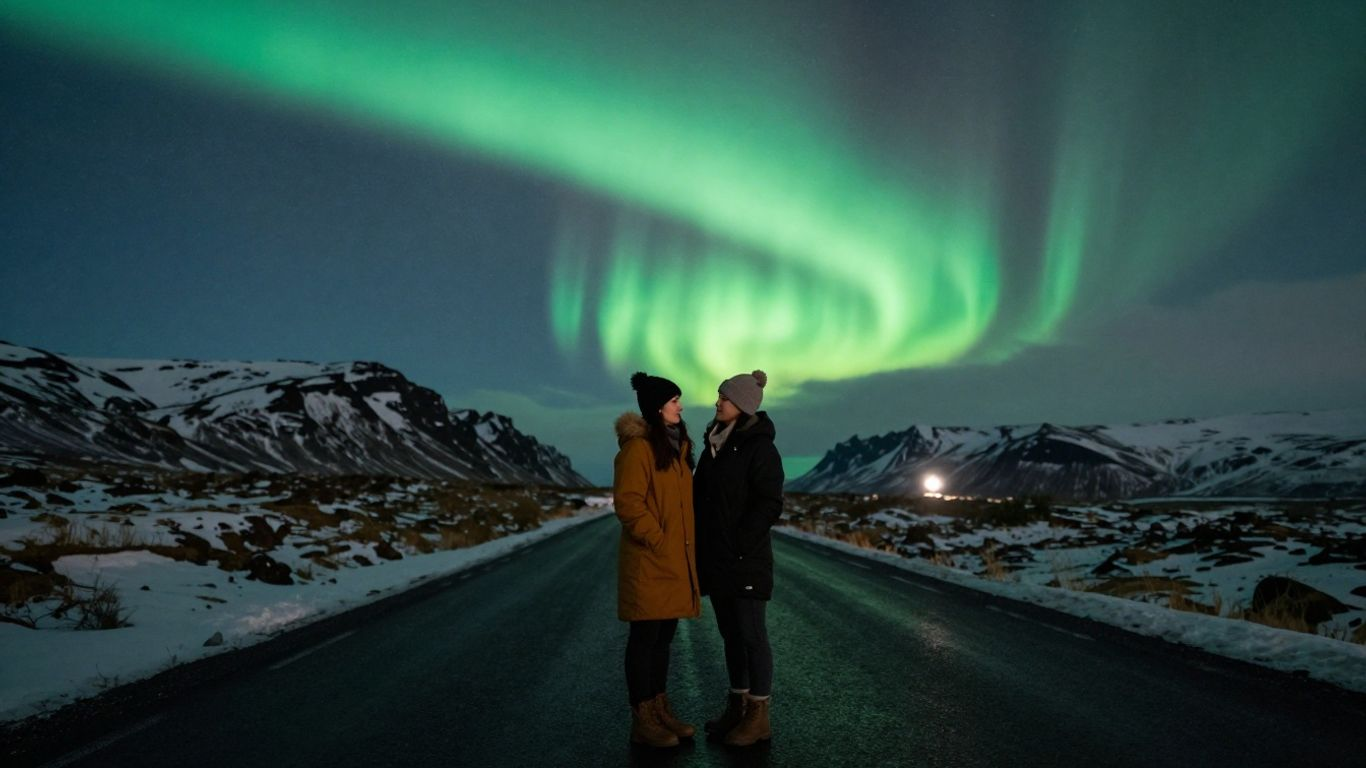 Couple watching northern lights over Iceland