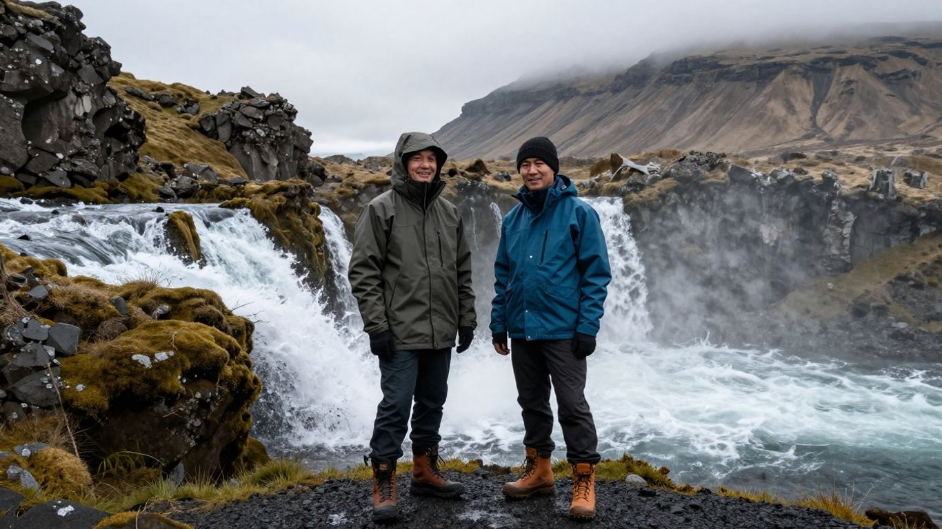 Travelers viewing Icelandic waterfalls in rain