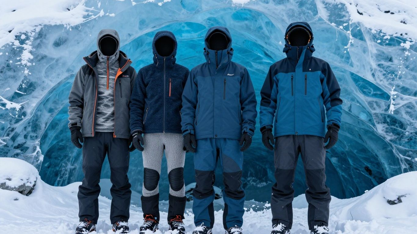 Layered winter clothing beside a blue ice cave