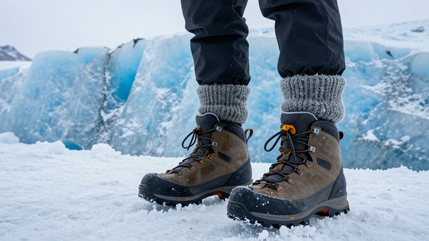 Waterproof hiking boots on snowy glacier terrain