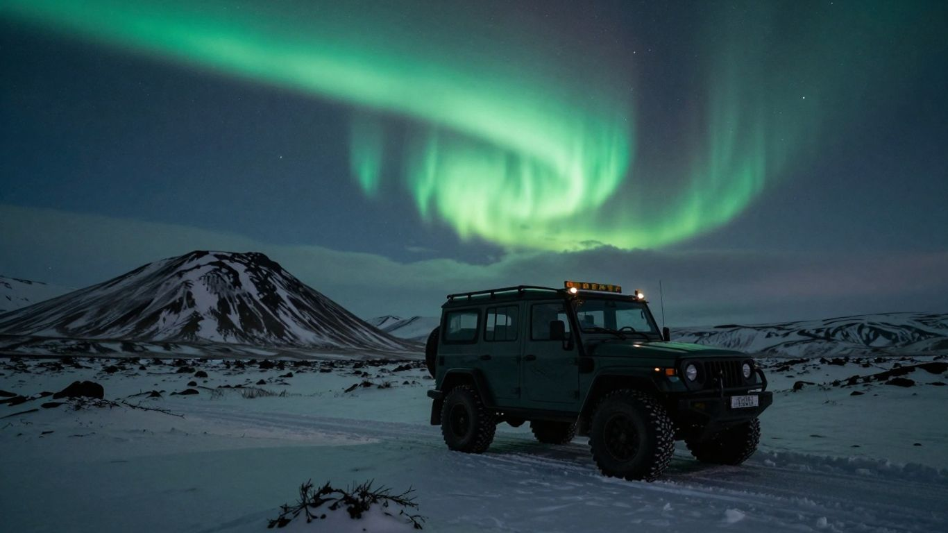 A super jeep beneath Icelandic northern lights