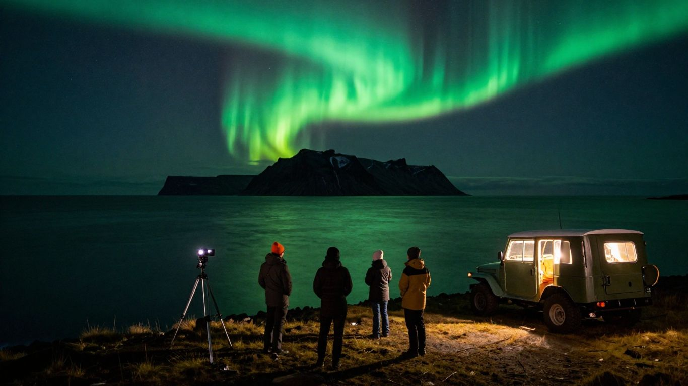 Travelers watching aurora beside Icelandic super jeep